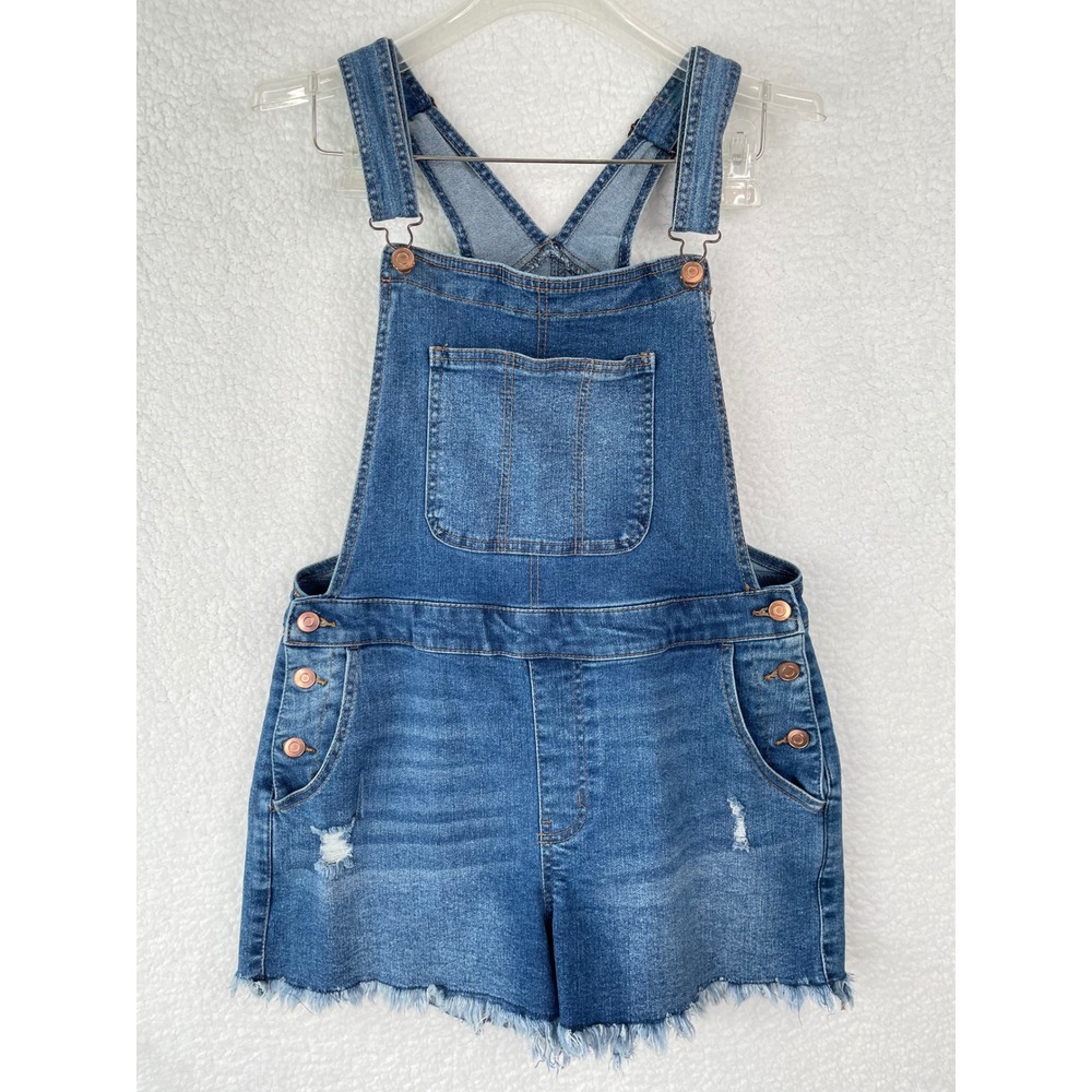No Boundaries Womens Medium Wash Distressed Denim Shortalls Blue Size M 7-9